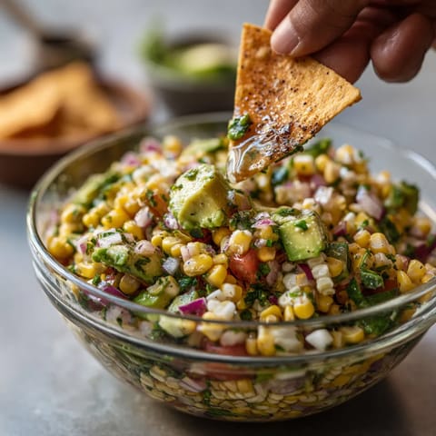 A person is adding grilled corn and avocado salsa to a bowl.