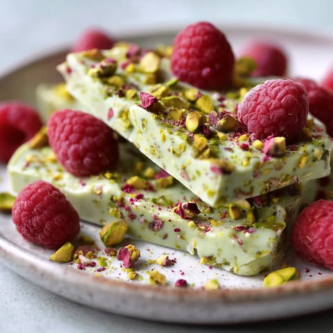 A plate of frozen matcha yogurt bark with pistachios and raspberries.