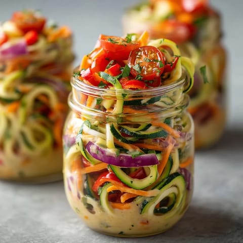 Three jars of zoodle salad with a lemon-tahini dressing.