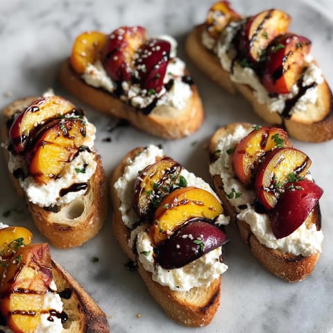 A plate of crostini with grilled plums and whipped ricotta.