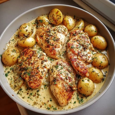 A plate of chicken and potatoes with dijon cream sauce.
