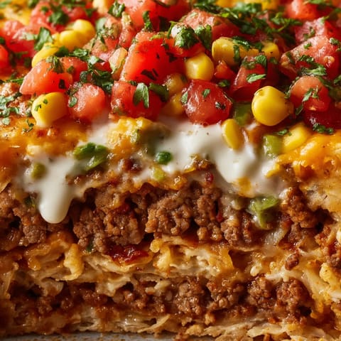 A CrunchWrap Casserole with meat, cheese, tomatoes, and corn.