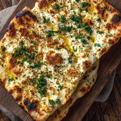 A flatbread with cottage cheese on it.