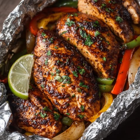 A foil packet of chicken with peppers and onions.