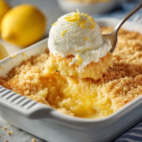 A slice of lemon dump cake with a scoop of ice cream on top.