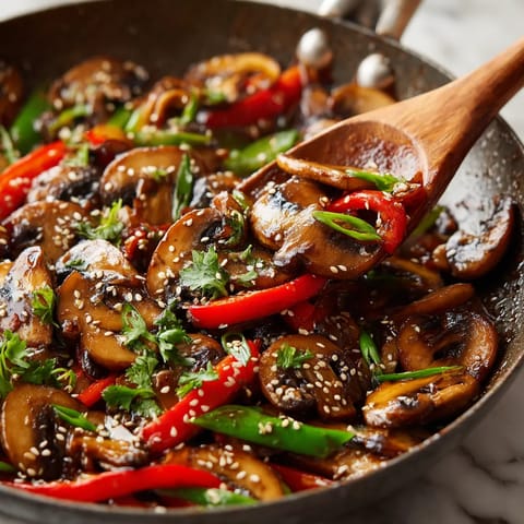 A pan of mushrooms and peppers with sauce.
