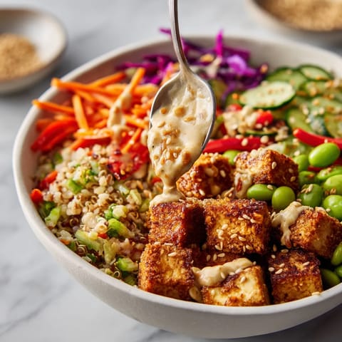 A bowl of roasted tofu, rice, and vegetables.