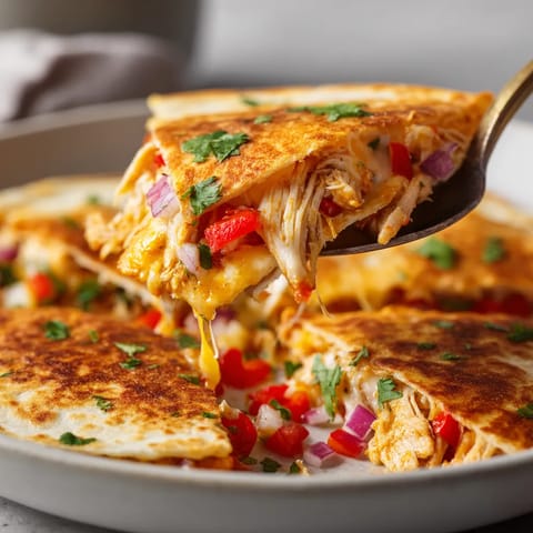 A spoon is being used to eat a crispy chicken quesadilla.