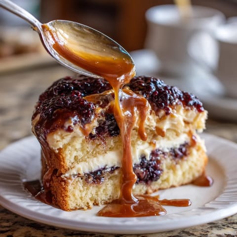 A slice of Tennessee Jam Cake with syrup drizzled over it.