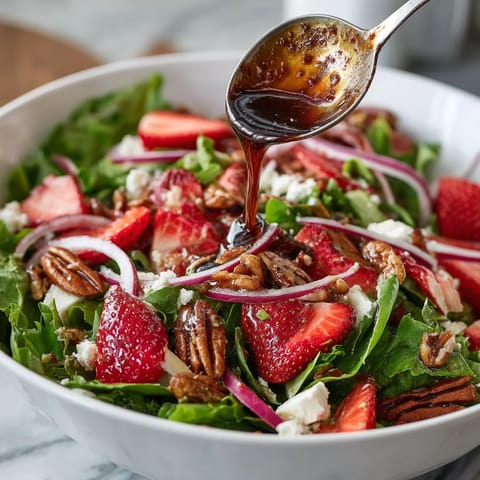 A bowl of strawberry feta salad with a spoon in it.