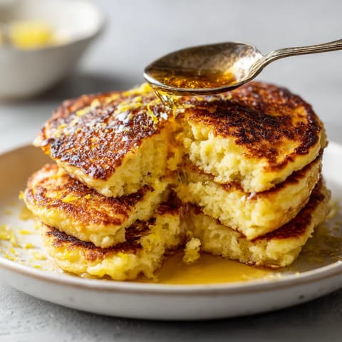 A stack of pancakes with butter and cottage cheese on top.