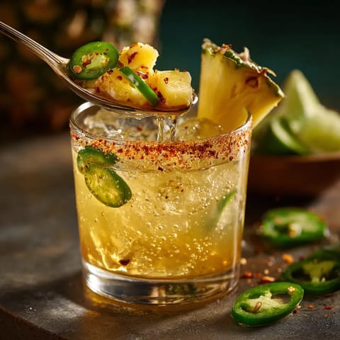 A glass of a spicy pineapple margarita.
