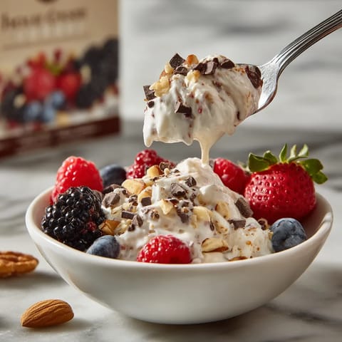 A bowl of cottage cheese ice cream with strawberries and blueberries.