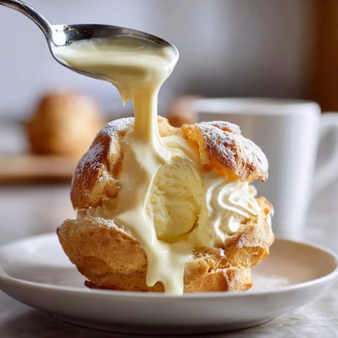 A white chocolate choux volcano is being poured with a spoon.