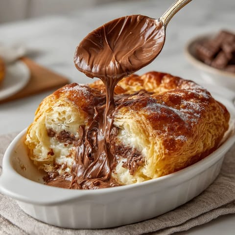 A giant pain au chocolat with caramel center is being drizzled with chocolate.