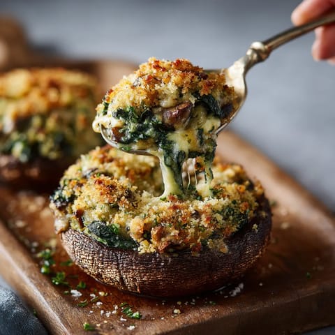 A person is eating a spinach and cheese stuffed portobello mushroom.