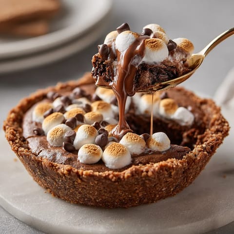 A spoon is in a pie with chocolate and marshmallows.