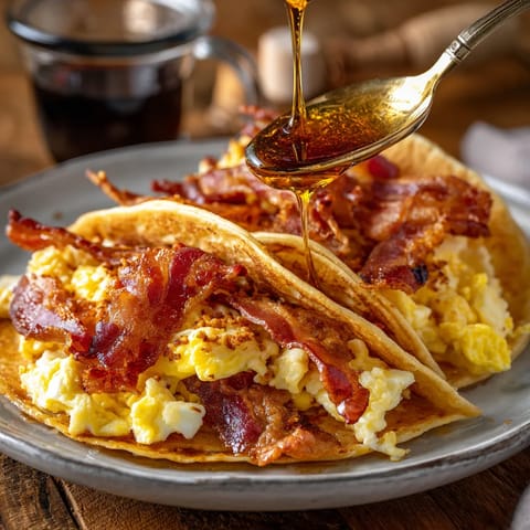 A plate of bacon and maple syrup pancakes.