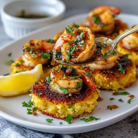 A plate of Southern Grit Cakes with Garlic Shrimp.