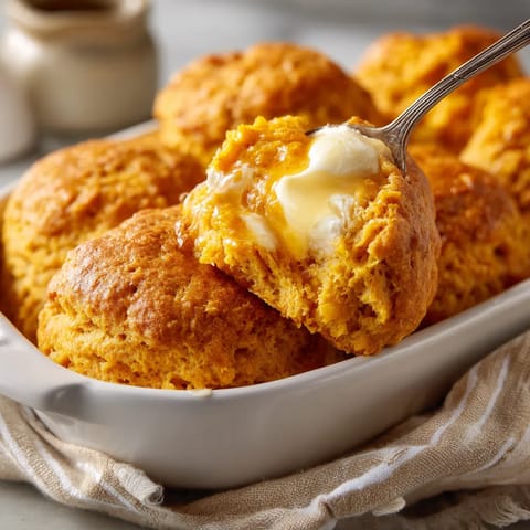 A fork is in a bowl of sweet potato biscuits.