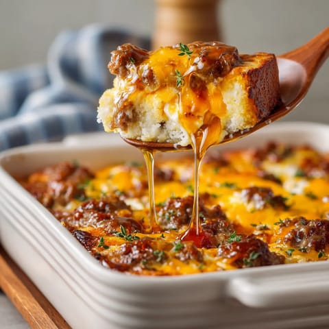 A wooden spoon is being used to serve a pancake sausage casserole.