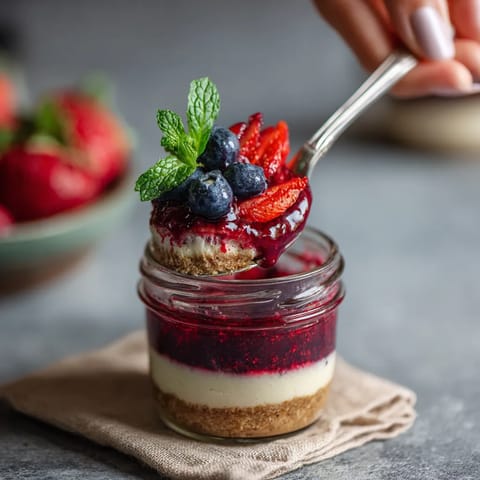 A person is eating a berry cheesecake.