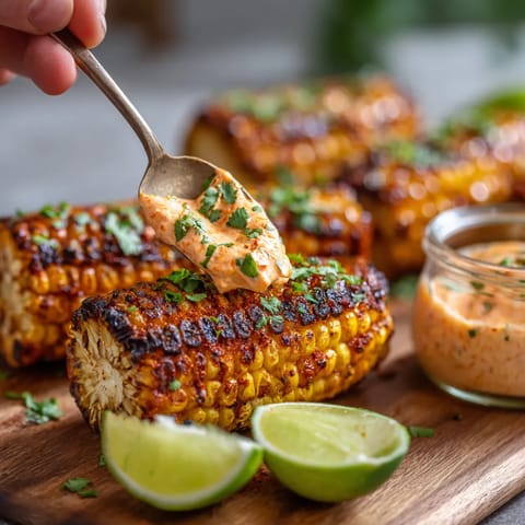 A person is eating grilled corn with a spicy sauce.