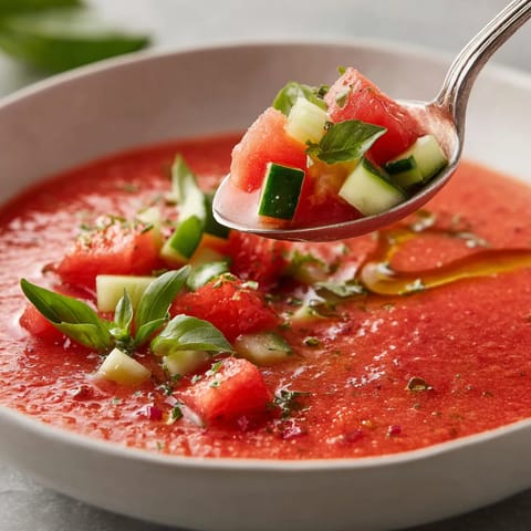 A spoon is in a bowl of watermelon gazpacho.