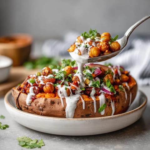 A spoonful of BBQ chickpea stuffed sweet potatoes.
