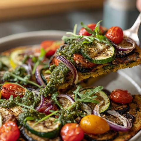 A slice of veggie pizza with tomatoes, onions, and basil.