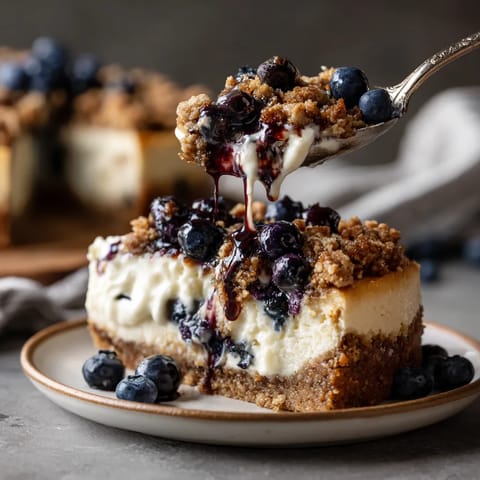 A slice of blueberry crumble cheesecake.