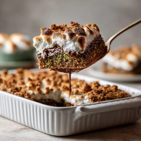 A close up of a pistachio butter s'mores bar.
