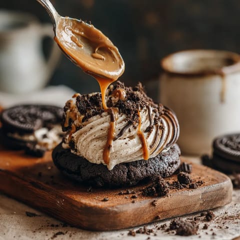 A close up of a frosted caramel Oreo cookie.