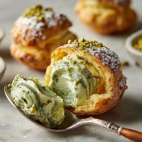 A spoonful of butter-yellow matcha-pistachio cream puffs.