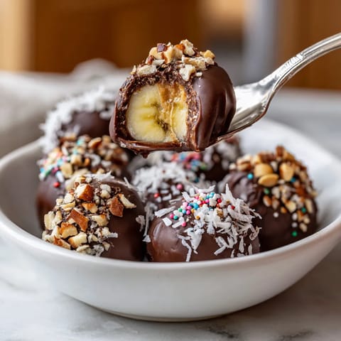 A spoon is scooping up a chocolate covered banana.