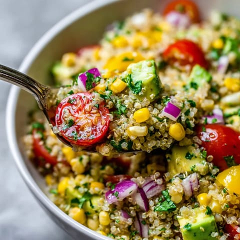 A bowl of quinoa salad with tomatoes, corn, and avocado.