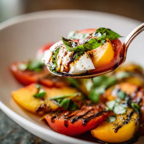 A spoonful of tomato, peach and burrata salad.