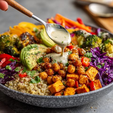 A colorful bowl of food with a spoon in it.