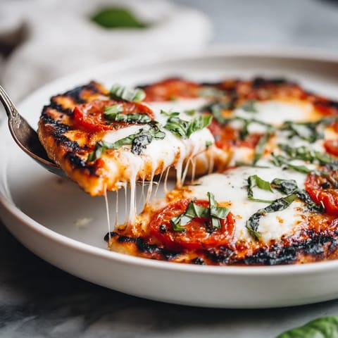 A grilled Margherita pizza with cheese and tomatoes.