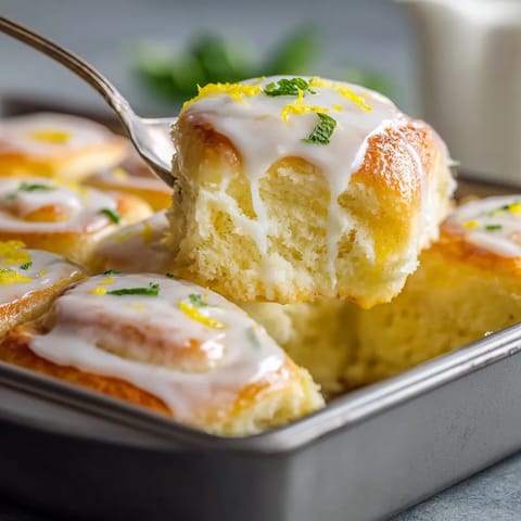 A fork is in a pan with lemon rolls.