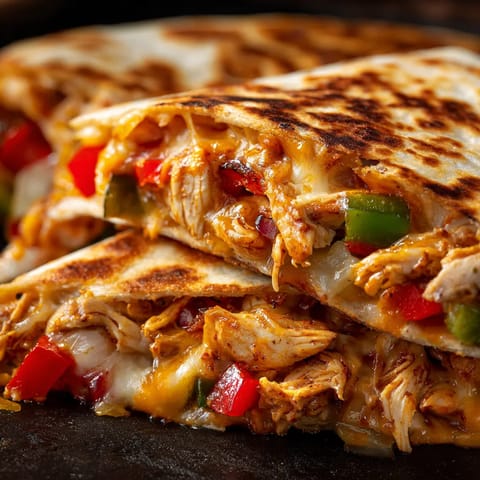 A delicious looking fajita quesadilla with chicken and peppers.