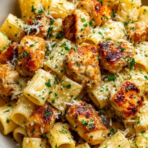 A plate of garlic butter chicken with rigatoni and parmesan.