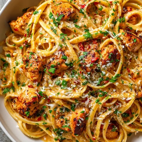 A bowl of pasta with chicken and cheese.