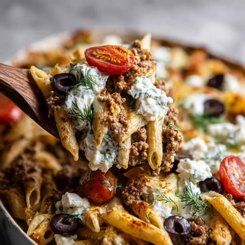 A close up of a one-pot Greek gyro pasta bake.