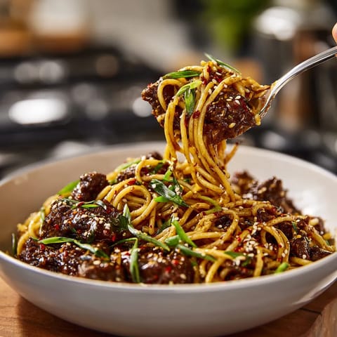 A person is eating spaghetti with meat and sauce.