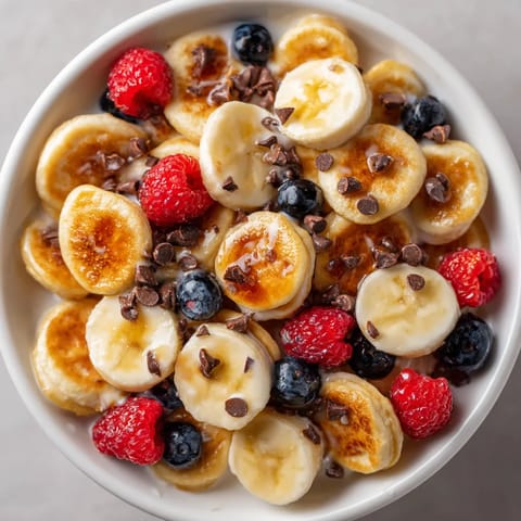 A bowl of mini pancake cereal with bananas and raspberries.