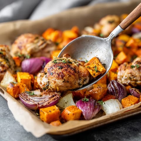 A wooden spoon is being used to serve a dish of chicken and vegetables.