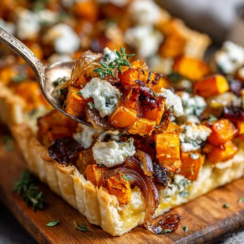 A close up of a savory butternut squash and goat cheese tart.