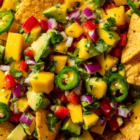 A dish of mango avocado salsa with tortilla chips.