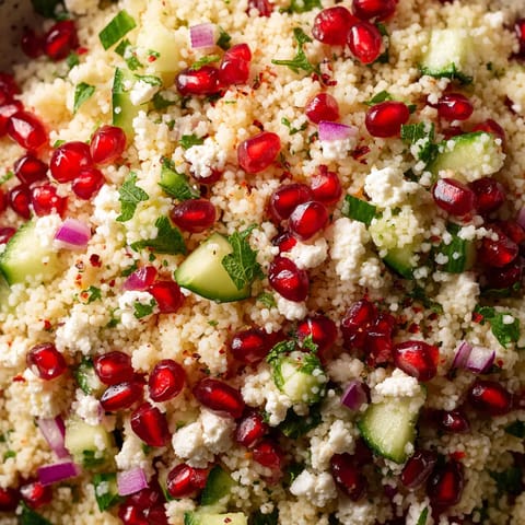 A close up of a salad with pomegranate and feta cheese.